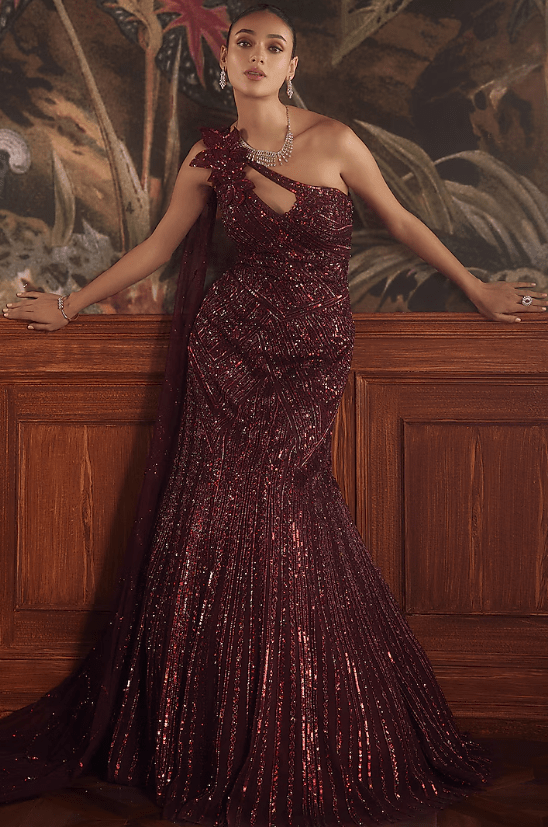 Maroon Net Sequin Embroidered Mermaid Gown
