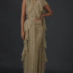 Gold Shimmer Crepe Embellished Draped Saree Set
