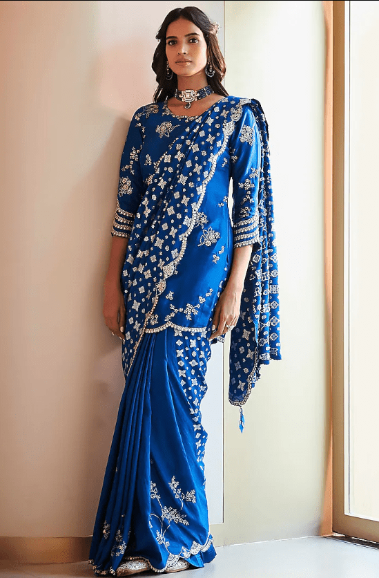 Jade Blue Zardosi Hand Embroidered Saree Set