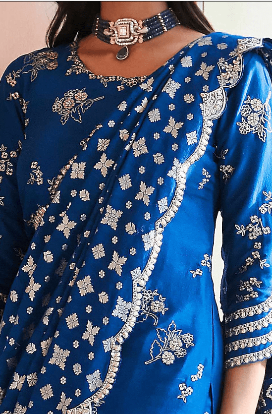 Jade Blue Zardosi Hand Embroidered Saree Set - Image 2