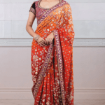 Red & Yellow Ombre Embroidered Saree Set
