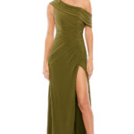 Olive Green Polyester Ruched Off-Shoulder Gown