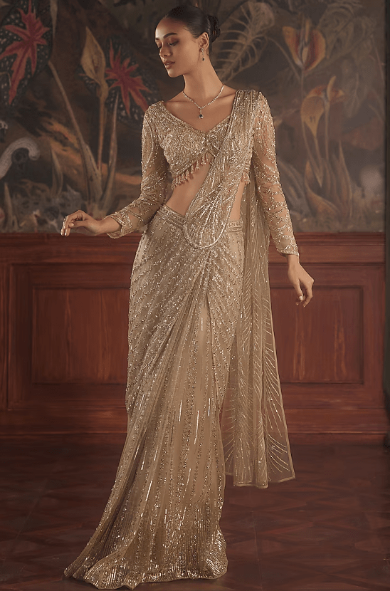 Gold Net Sequin & Crystal Hand Embroidered Draped Saree Set