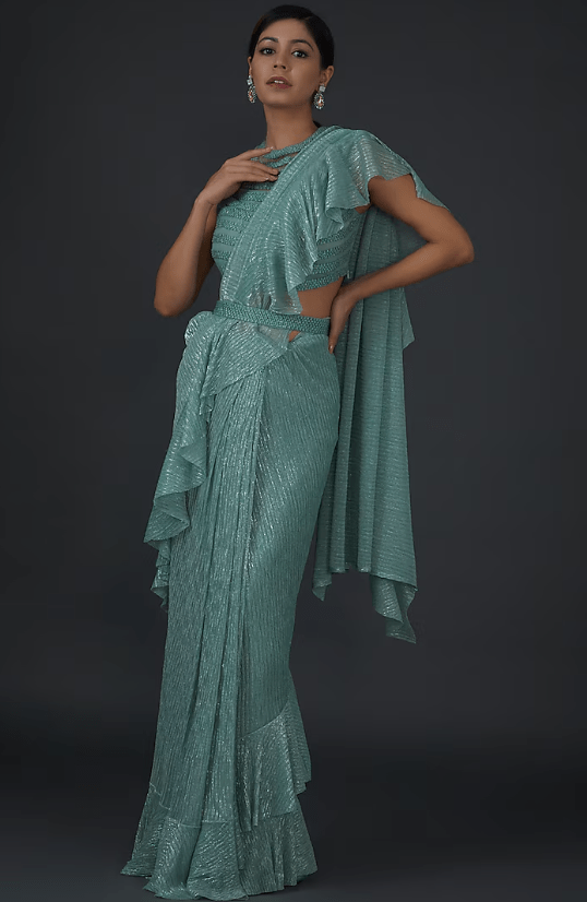 Green Shimmer Crepe Embellished Draped Saree Set