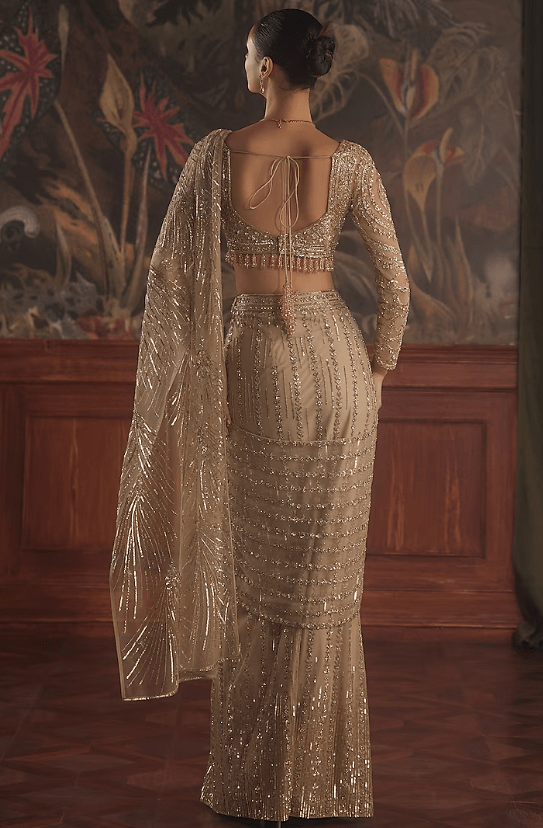 Gold Net Sequin & Crystal Hand Embroidered Draped Saree Set - Image 2