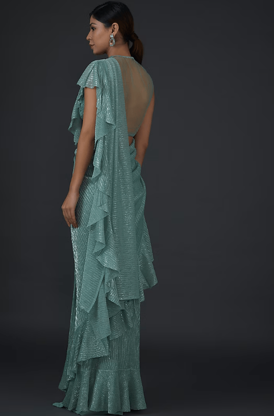 Green Shimmer Crepe Embellished Draped Saree Set - Image 2