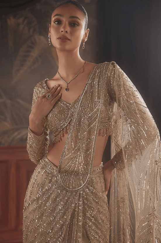 Gold Net Sequin & Crystal Hand Embroidered Draped Saree Set - Image 3