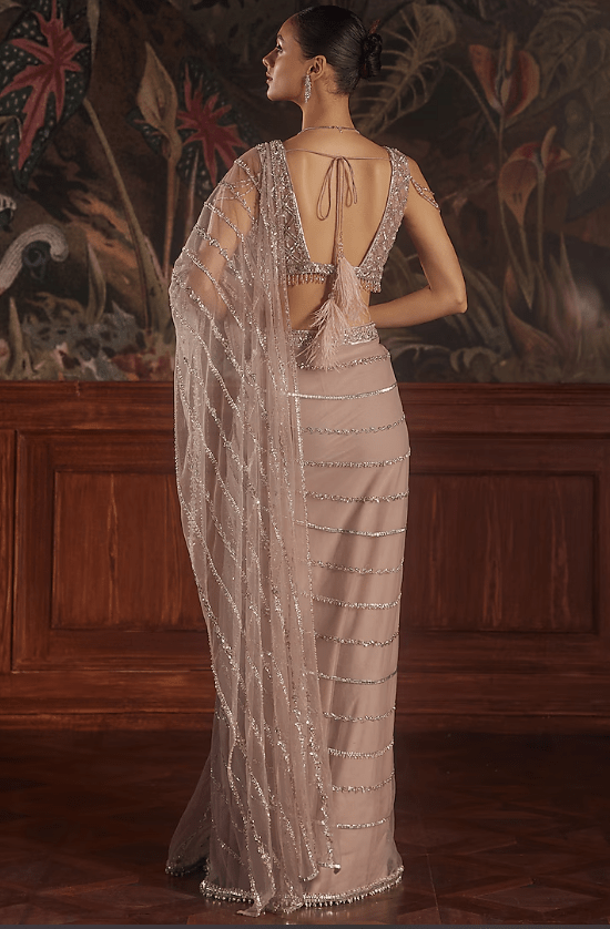 Dusty Pink Net Embellished Draped Saree Set - Image 2