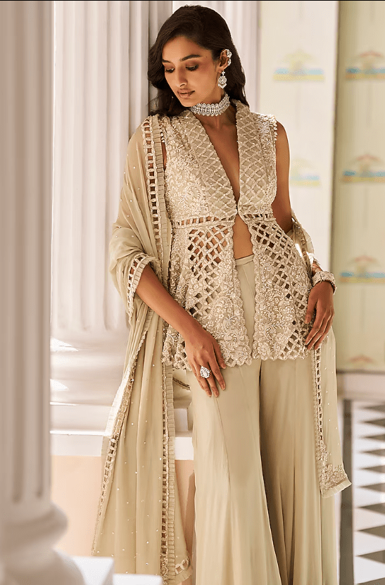 Mint Green Georgette Pearl Embroidered Sharara Set - Image 3