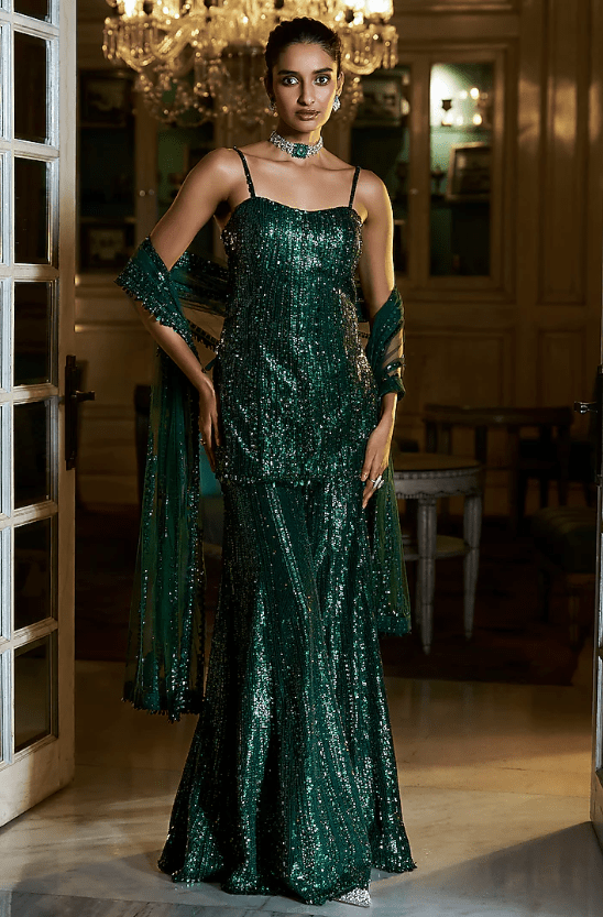 Emerald Net Sequins Embroidered Sharara Set