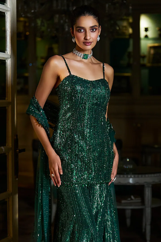 Emerald Net Sequins Embroidered Sharara Set - Image 3