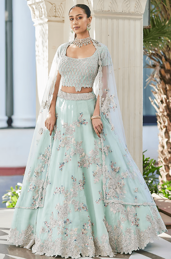Pastel Blue Organza Embroidered Lehenga