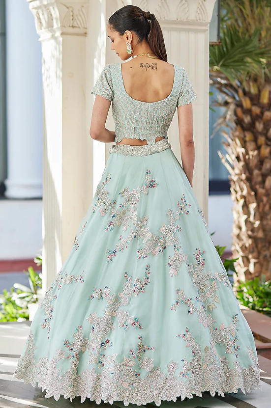 Pastel Blue Organza Embroidered Lehenga - Image 2