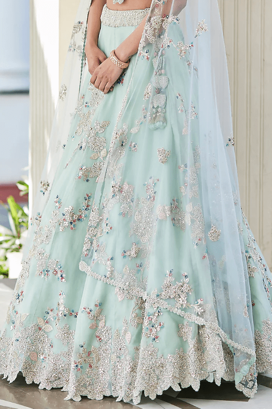 Pastel Blue Organza Embroidered Lehenga - Image 3