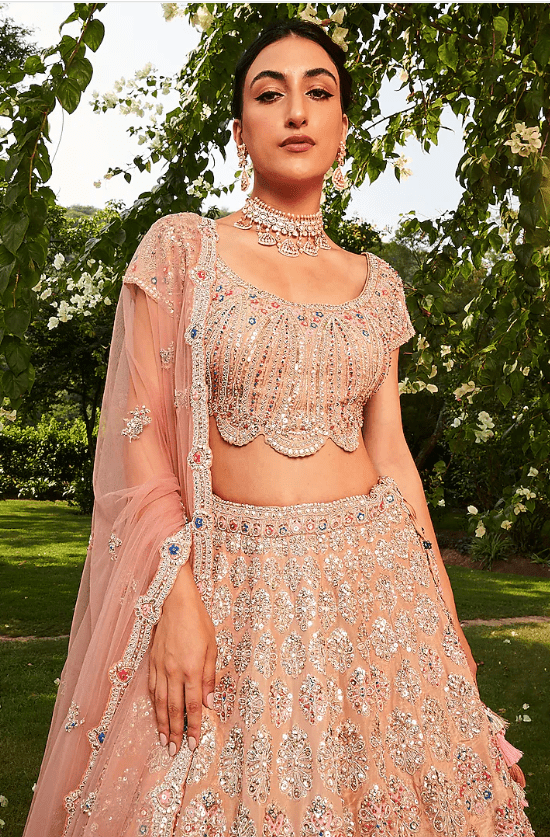 Coral Organza Embroidered Lehenga Set - Image 4