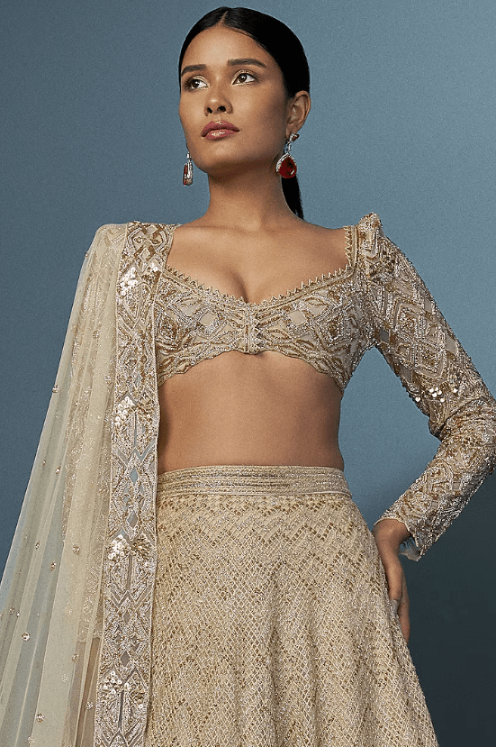 Gold Double Georgette Cascade Lehenga Set - Image 3