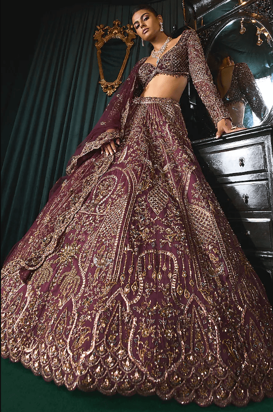 Wine Organza Moti & Cutdana Embroidered Lehenga Set