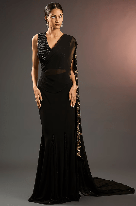 Black Jersey Hand & Machine Embellished Draped Saree Set