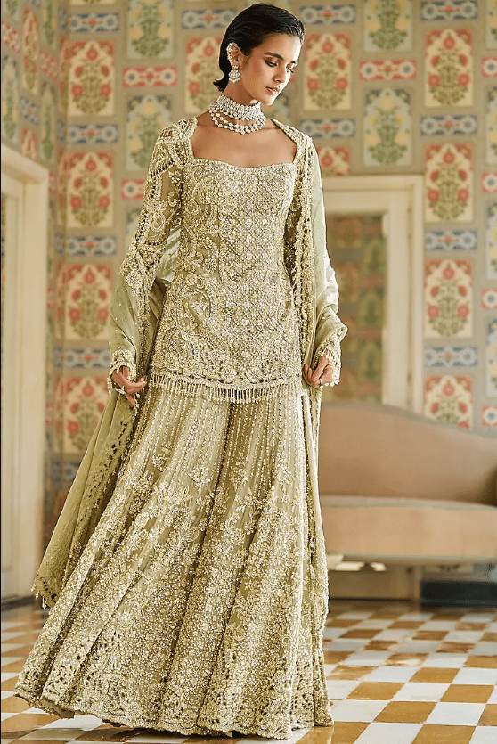 Sage Green Tissue Silk Cutwork Embroidered Sharara Set