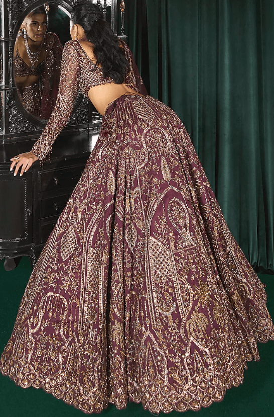 Wine Organza Moti & Cutdana Embroidered Lehenga Set - Image 2