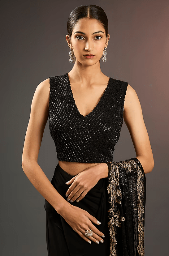 Black Jersey Hand & Machine Embellished Draped Saree Set - Image 2