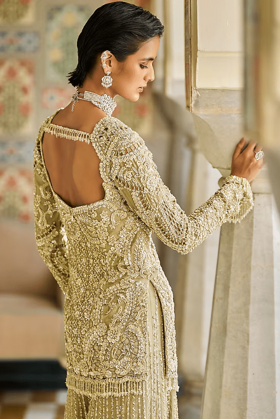Sage Green Tissue Silk Cutwork Embroidered Sharara Set - Image 2