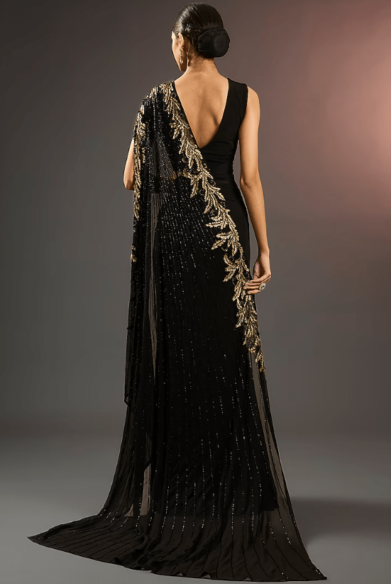 Black Jersey Hand & Machine Embellished Draped Saree Set - Image 3