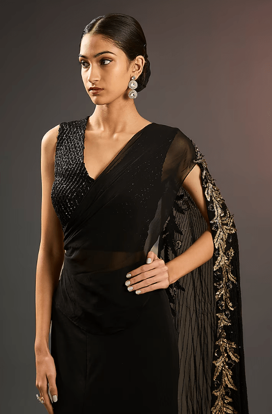 Black Jersey Hand & Machine Embellished Draped Saree Set - Image 4