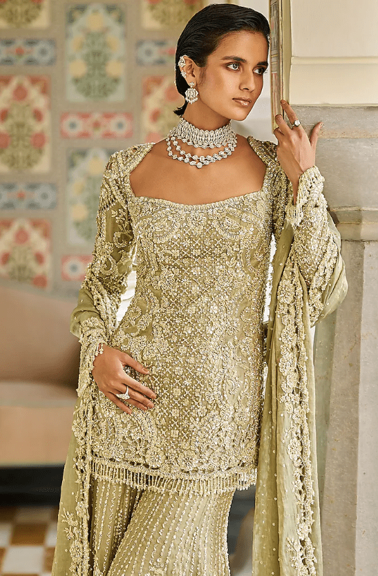 Sage Green Tissue Silk Cutwork Embroidered Sharara Set - Image 4