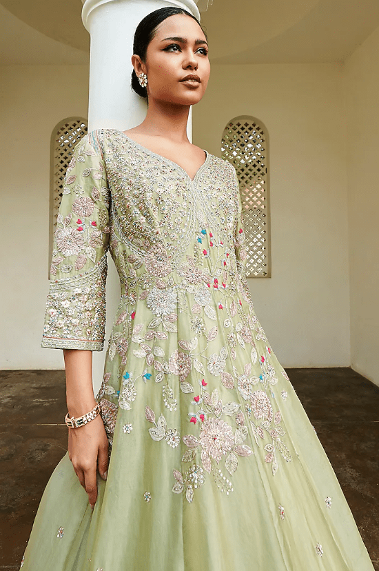 Mist Green Organza Embroidered Gown - Image 4