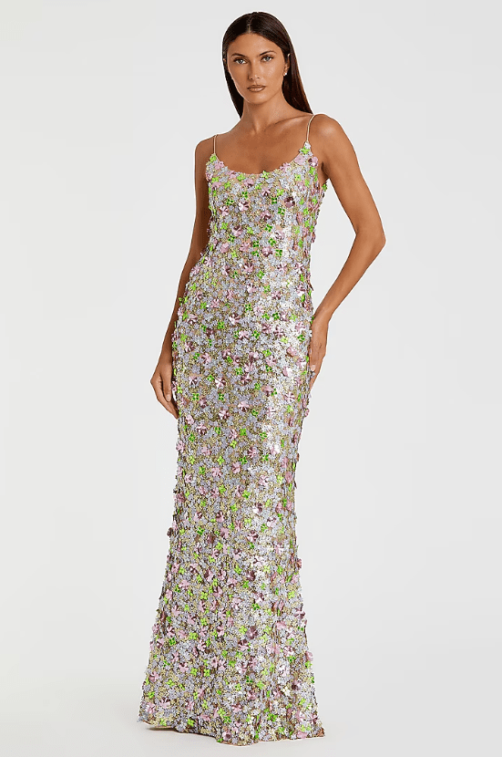 Multi-Colored Polyester Floral Embellished Gown