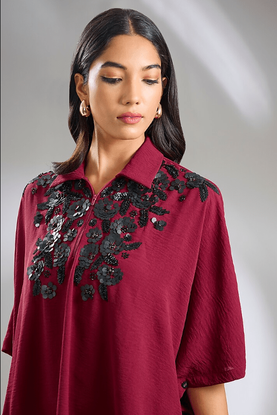 Red Textured Crepe Hand Embellished Top - Image 4