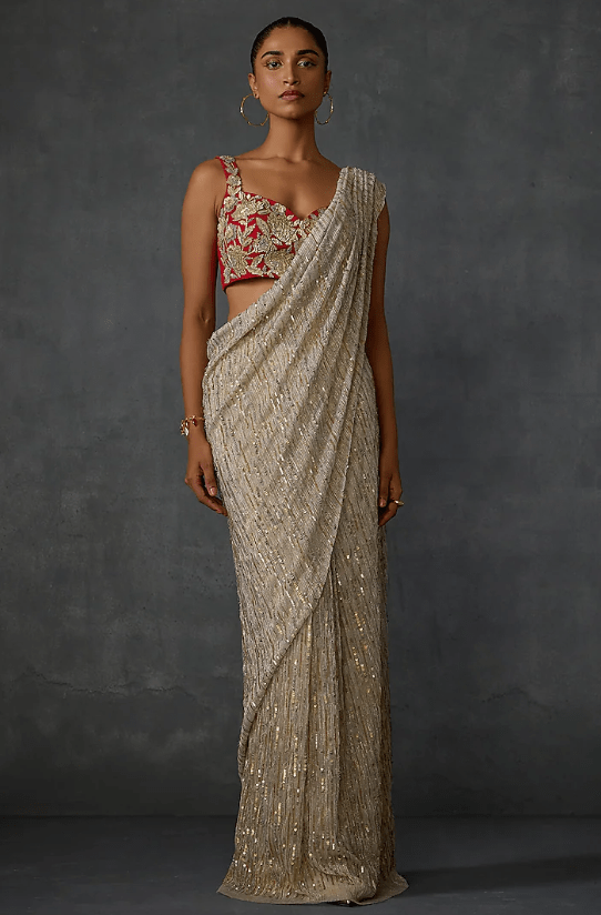 Beige Gold Shimmer Crepe Floral Hand Embellished Draped Saree Set