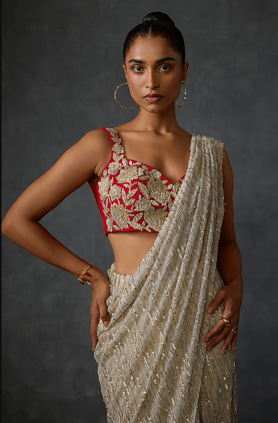 Beige Gold Shimmer Crepe Floral Hand Embellished Draped Saree Set - Image 2
