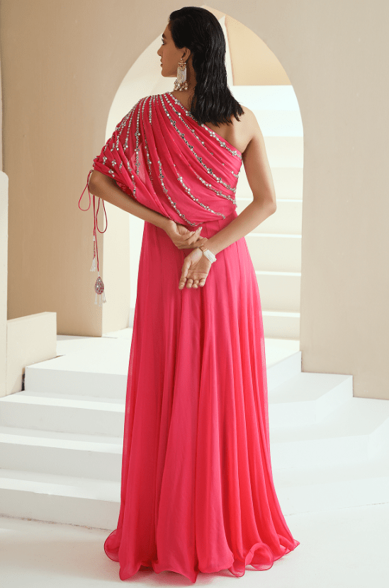 Hot Pink Embroidered Draped Anarkali - Image 2