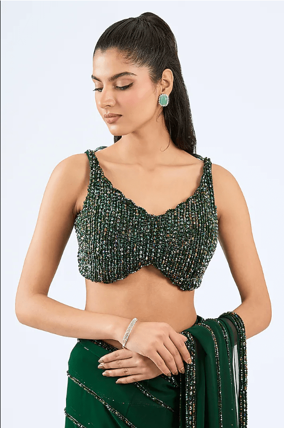 Dark Jade Green Georgette Crystal Hand Embroidered Pre-Draped Saree Set - Image 3