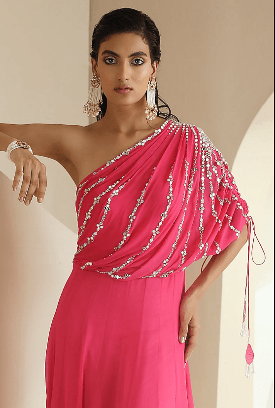 Hot Pink Embroidered Draped Anarkali - Image 3
