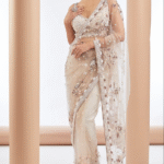 Light Pink Tulle Net & Crepe Crystal Embellished Saree Set
