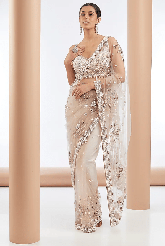 Light Pink Tulle Net & Crepe Crystal Embellished Saree Set