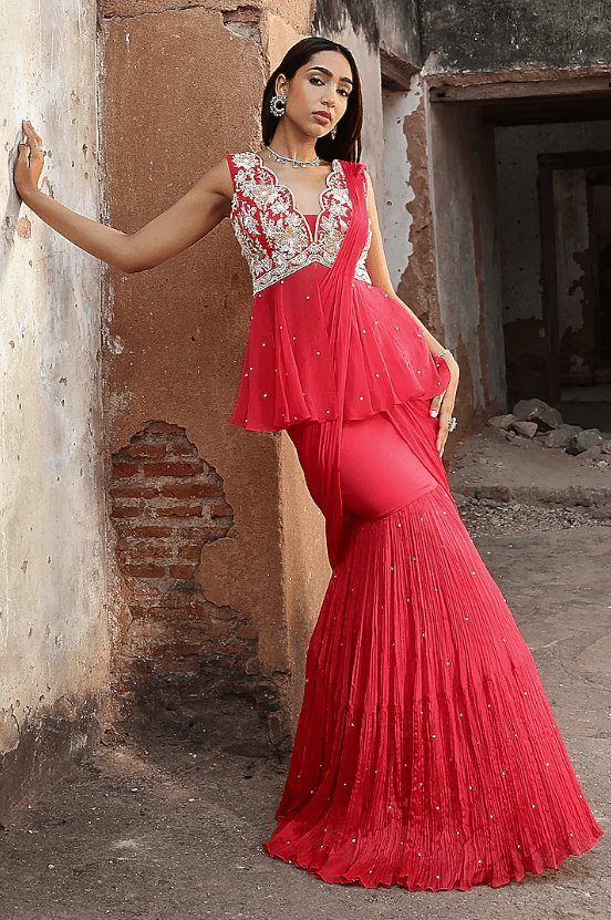 Coral Pink Chiffon Hand Embellished Pre-Stitched Saree Set