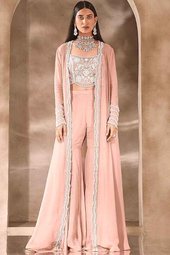 Dusty Pink Georgette Embroidered Jacket Set