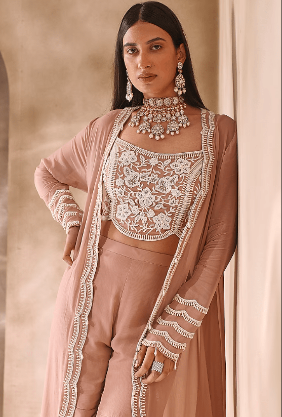 Dusty Pink Georgette Embroidered Jacket Set - Image 3