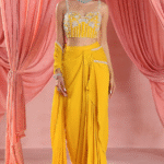 Mustard Georgette Embellished Draped Skirt Set