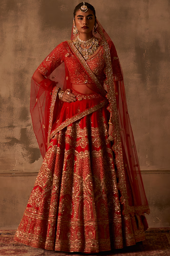 Red Raw Silk Embroidered Lehenga Set