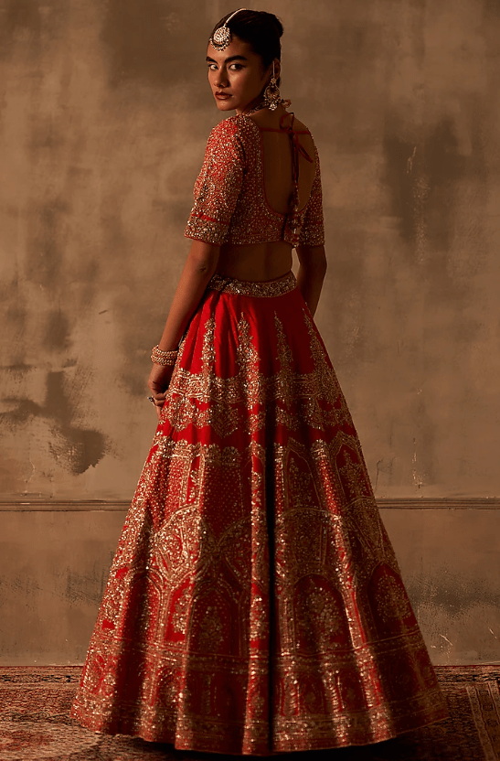 Red Raw Silk Embroidered Lehenga Set - Image 2