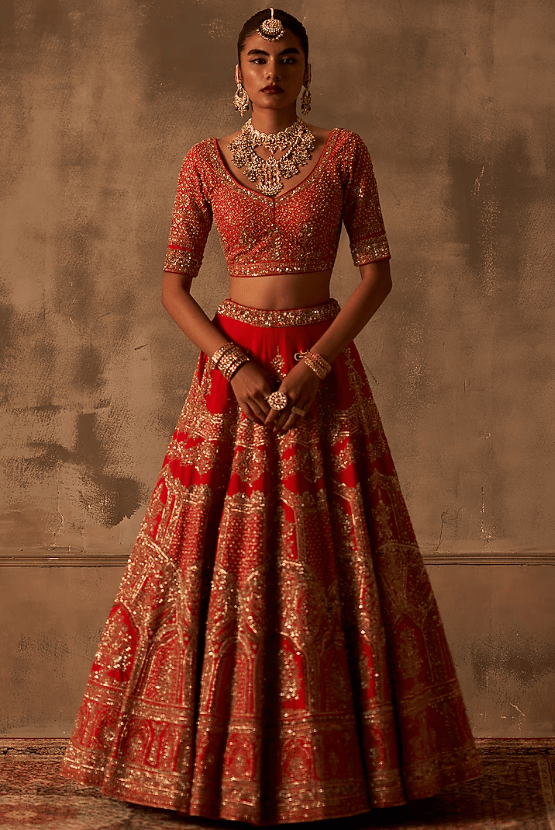 Red Raw Silk Embroidered Lehenga Set - Image 3