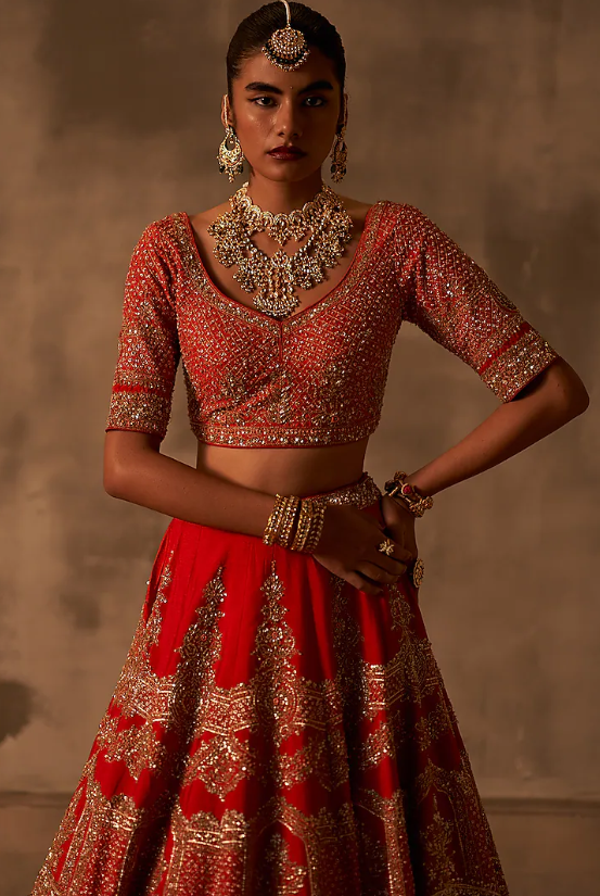 Red Raw Silk Embroidered Lehenga Set - Image 4