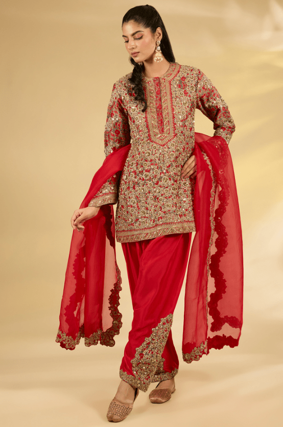 Red Silk Hand & Machine Embroidered Kurta Set