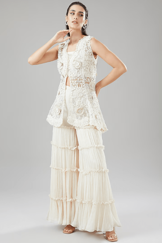 Ivory Tulle & Crepe Sharara Set