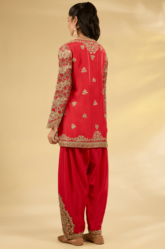 Red Silk Hand & Machine Embroidered Kurta Set - Image 2